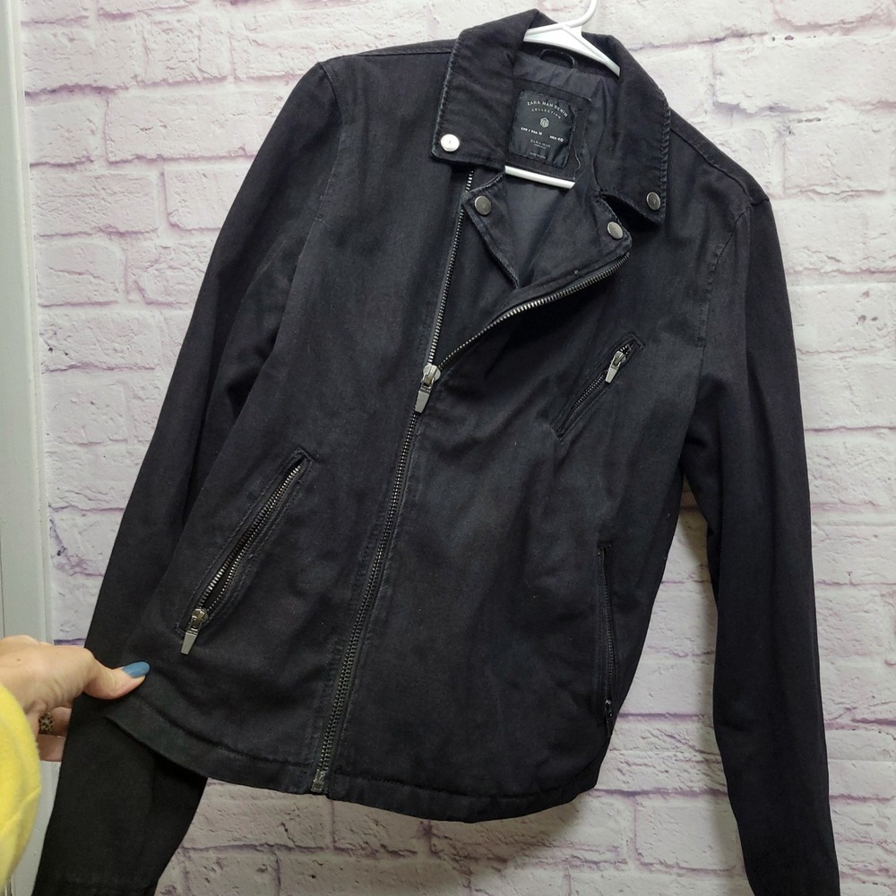 ZARA Man Denim Black Moto Jacket Mens M New Culture Biker Grunge Streetwear Punk - Picture 6 of 9